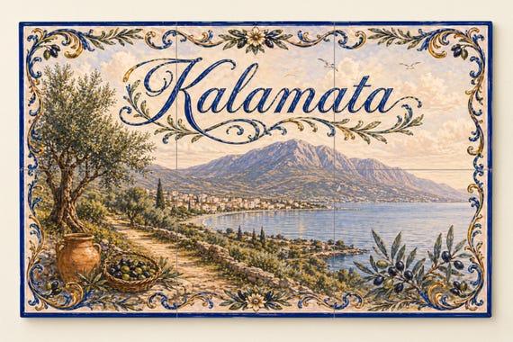 Mural de azulejos de cerámica de Kalamata, Grecia, arte mural de olivar medit… — Mural cerámico de Cerámicas La Noria