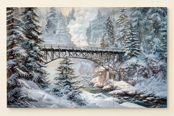 Mural cerámico con puente de montaña nevado — vista 3