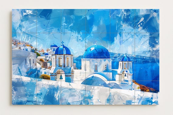 Mural de azulejos con cúpulas azules de Santorini