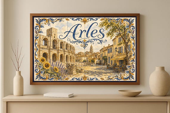 Mural de azulejos de cerámica de Arles, arte mural provenzal con anfiteatro r… — vista 3