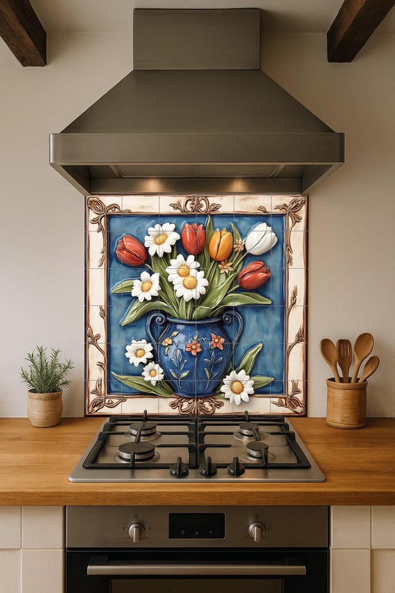 Mural cerámico de tulipanes y margaritas — vista 4