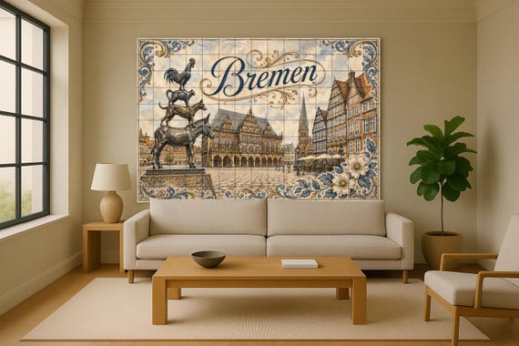 Mural de azulejos de cerámica de Bremen, Alemania, arte mural con paisaje urb… — vista 2