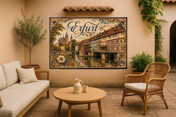 Mural de azulejos de cerámica de Erfurt, Alemania, arte mural medieval a oril…