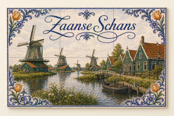 Mural de azulejos de cerámica de molinos de viento de Zaanse Schans, arte mur…