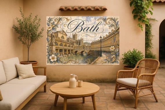 Mural de azulejos de cerámica de Bath, Inglaterra, arte mural de baños romano… — vista 3