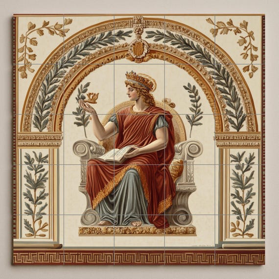 Mural de azulejos cerámicos de estilo fresco pompeyano con diosa sentada clás… — vista 4