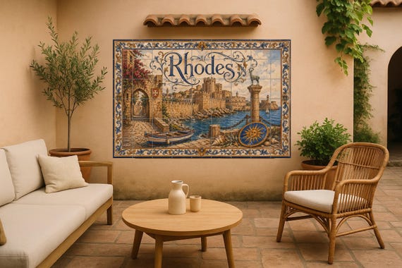 Mural de azulejos de cerámica de Rodas, Grecia, arte mural griego medieval, p… — Mural cerámico de Cerámicas La Noria