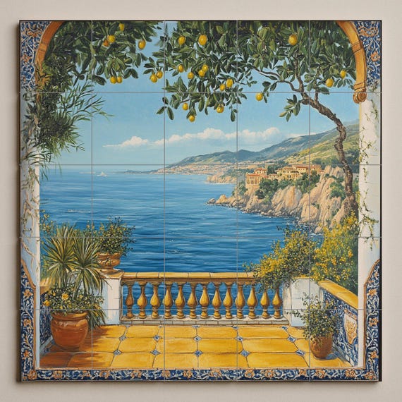Mural de pared de cerámica de limonero mediterráneo con vista al mar desde un… — vista 3