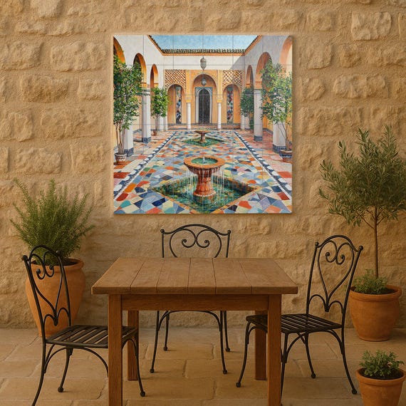 Mural cerámico de un riad marroquí con fuente en el patio — vista 4