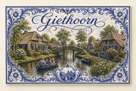 Mural de azulejos de cerámica de Giethoorn, casas de campo holandesas con tec…