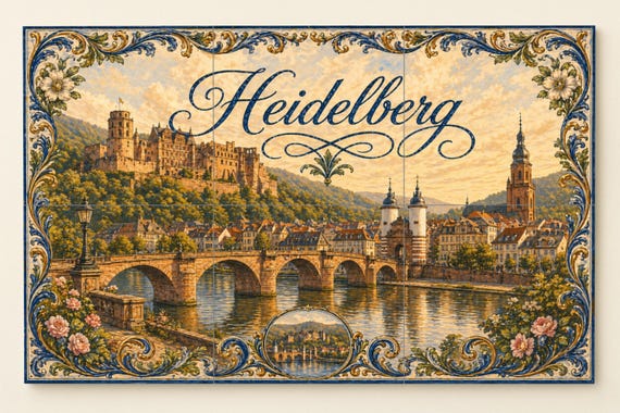 Mural de azulejos de cerámica de Heidelberg, arte mural romántico de paisaje … — vista 4