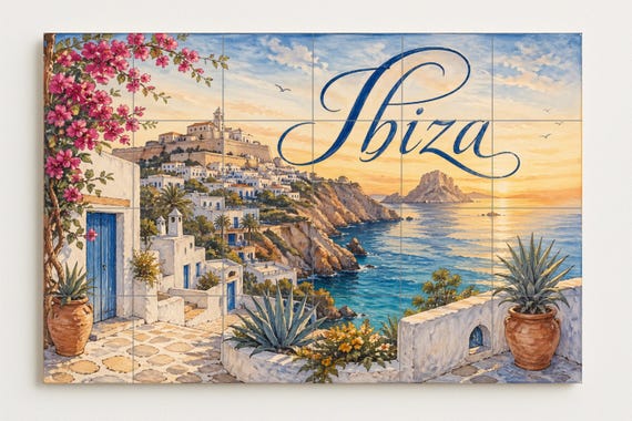 Mural de azulejos de cerámica de Ibiza Dalt Vila, decoración de pared mediter… — vista 2