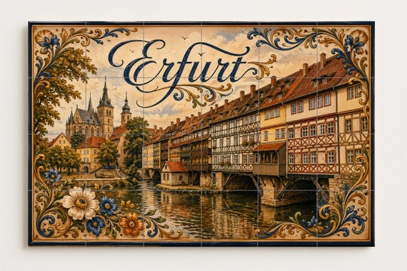 Mural de azulejos de cerámica de Erfurt, Alemania, arte mural medieval a oril… — vista 4
