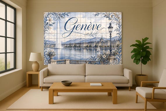 Mural de azulejos de cerámica de Ginebra, Suiza, arte mural del lago Lemán, d… — vista 2