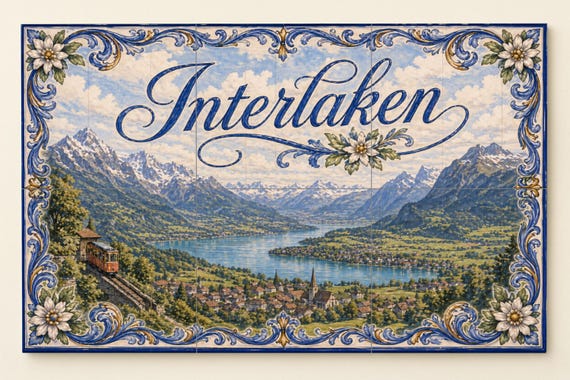 Mural de azulejos de cerámica de Interlaken, Suiza, arte mural del lago de lo… — vista 3