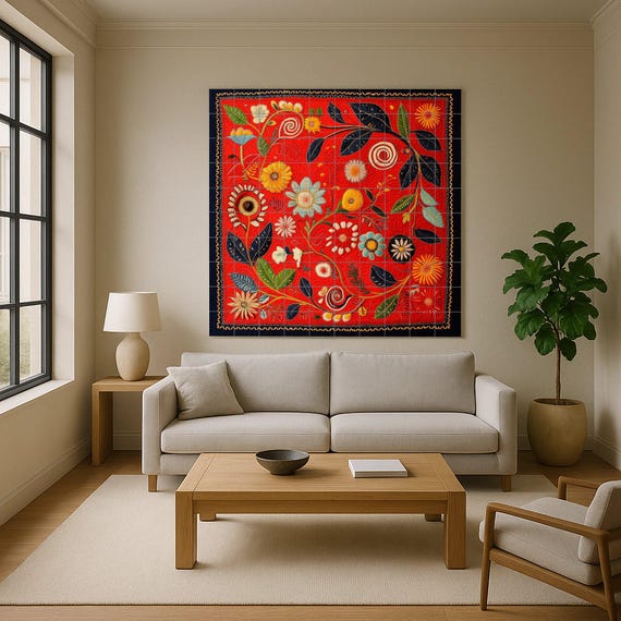 Mural de cerámica rojo intenso con remolinos botánicos, flores en espiral, fl…