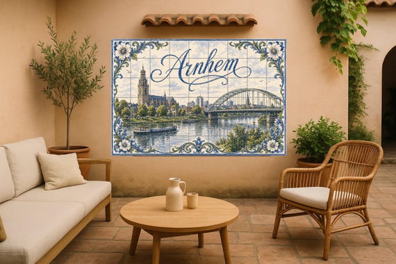 Mural de azulejos de cerámica del río Rin en Arnhem, arte mural del puente Jo… — vista 3