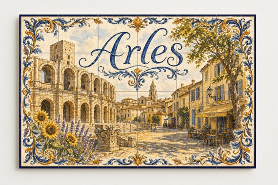 Mural de azulejos de cerámica de Arles, arte mural provenzal con anfiteatro r… — vista 4