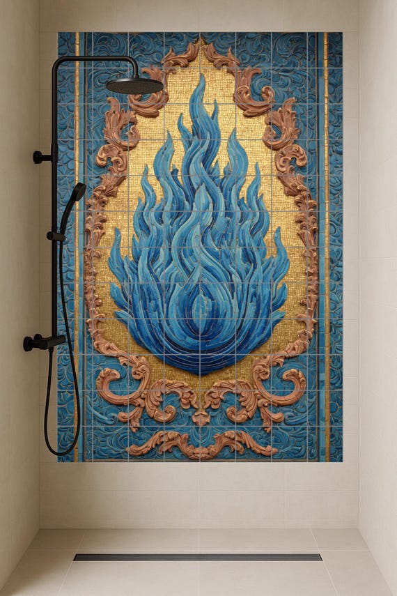 Llama azul sobre mosaico dorado — vista 3