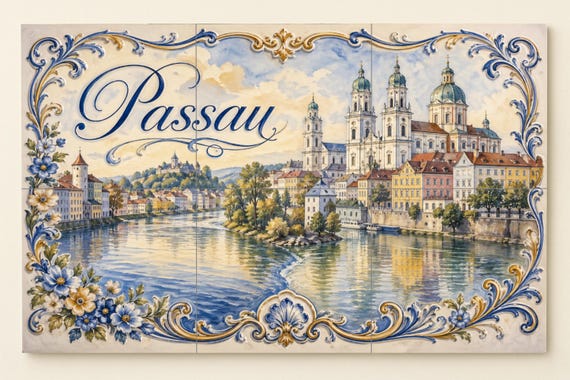 Mural de azulejos de cerámica de Passau, Alemania, arte mural de paisaje urba…