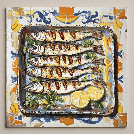 Mural de azulejos cerámicos de sardinas de Málaga con tradición marinera anda… — vista 3