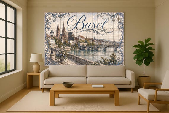 Mural de azulejos de cerámica de Basilea, panel de arte mural con paisaje urb… — vista 2