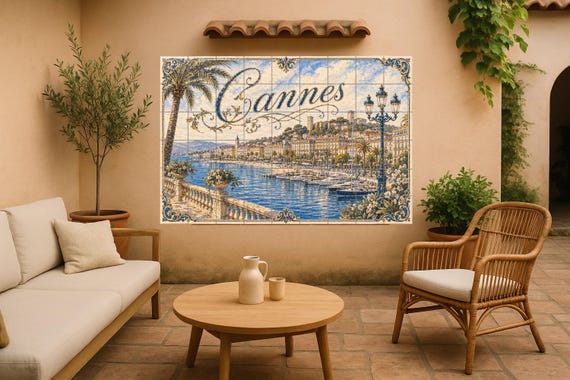 Mural de azulejos de cerámica de Cannes, arte mural de la Riviera Francesa co…
