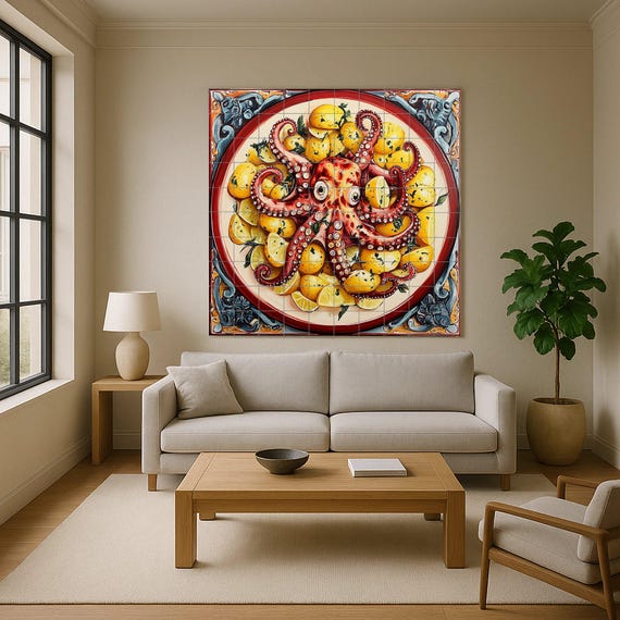 Mural de azulejos cerámicos con pulpo a la gallega con patatas y limones, pla…
