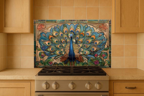 Mural de azulejos de pavo real Art Nouveau — vista 4