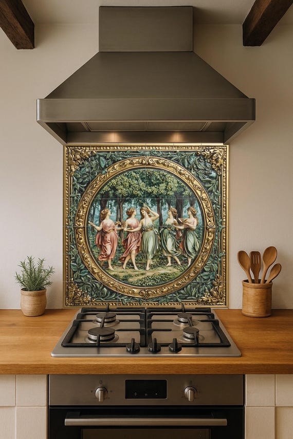 Mural de azulejos cerámicos renacentistas con gracia danzante mitológica, fre…