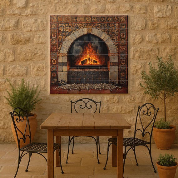 Mural de azulejos de cerámica con chimenea rústica y arco de piedra toscana, … — vista 2