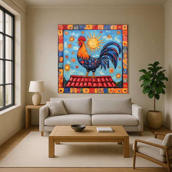 Mural de azulejos cerámicos de gallo portugués con sol radiante, borde celest… — vista 2