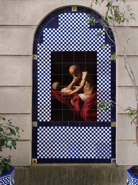 Mural de azulejos de cerámica de San Jerónimo en meditación — vista 3