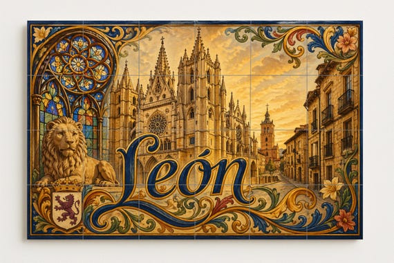 Mural de azulejos de cerámica de la Catedral de León, decoración de pared gót… — vista 4