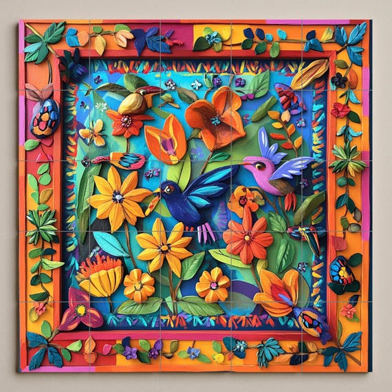 Mural de cerámica de arte popular mexicano con pájaros y flores tropicales, a… — vista 3