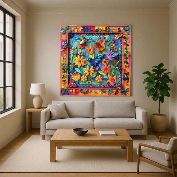 Mural de cerámica de arte popular mexicano con pájaros y flores tropicales, a… — vista 4