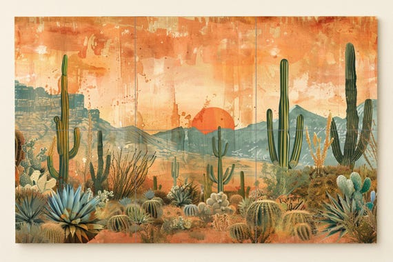 Mural de cactus al atardecer en el desierto — vista 3