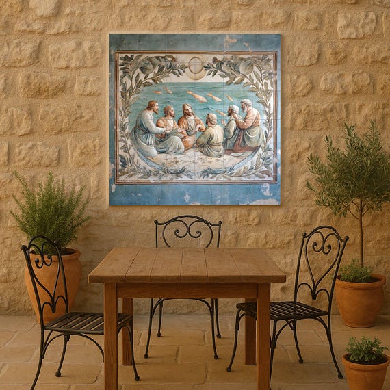Mural de cerámica bíblico con Jesús y los apóstoles junto al mar, arte religi… — vista 2