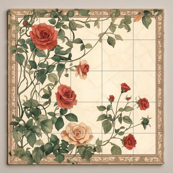 Mural de azulejos de cerámica con rosas románticas, diseño botánico floral vi… — vista 3