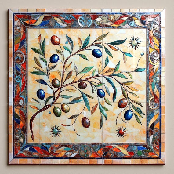 Mural de pared de olivo de cerámica mediterránea con ramas coloridas dibujada… — vista 3