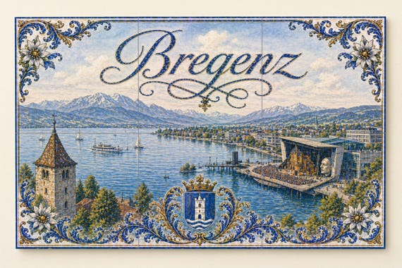Mural de azulejos de cerámica del lago Constanza en Bregenz, Austria, con vis… — vista 3