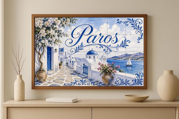 Mural de azulejos de cerámica de Paros, arte mural junto al mar en una isla g… — vista 2