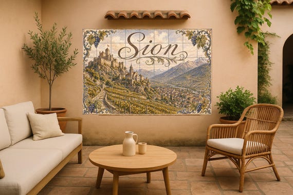 Mural de azulejos de cerámica de Sion, Suiza, decoración de pared con motivos… — Mural cerámico de Cerámicas La Noria