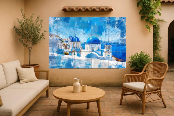 Mural de azulejos con cúpulas azules de Santorini — vista 2