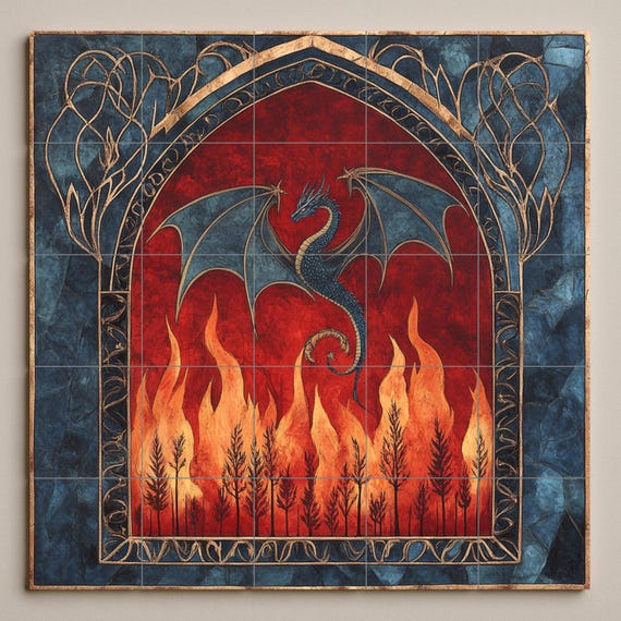 Mural de pared de cerámica de dragón medieval con diseño de arco gótico y fue… — vista 3