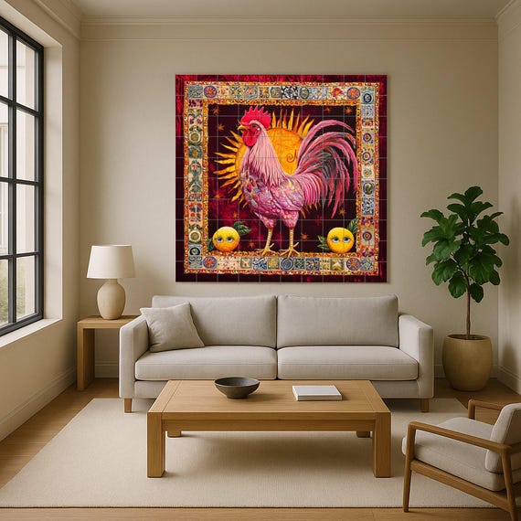 Mural de azulejos de cerámica con un gallo vibrante — Mural cerámico de Cerámicas La Noria