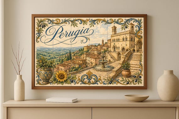 Mural de azulejos de cerámica de Perugia, arte mural de Umbría italiana con a… — vista 3