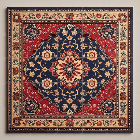 Mural de cerámica persa de Mashhad con medallón ornamental y azulejos rojo in… — vista 3