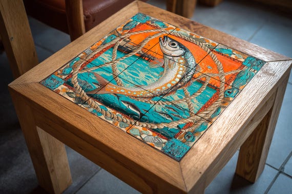 Mural de azulejos de cerámica con diseño de peces náuticos, escena portuaria … — vista 4