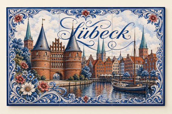 Mural de azulejos de cerámica de Lübeck, arte mural del puerto hanseático, de… — vista 3